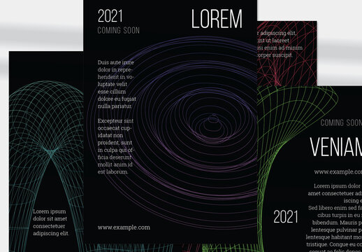 Flyer Layout with Geometric Wireframe Shapes on Black