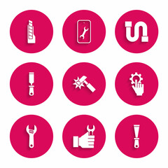 Set Hammer, Wrench spanner, Putty knife, Settings in the hand, Adjustable wrench, Rasp metal file, Industry pipe and Stationery icon. Vector