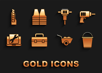 Set Toolbox, Electric drill machine, Bucket, Wheelbarrow, Laptop service, Construction jackhammer, Stationery knife and Safety vest icon. Vector