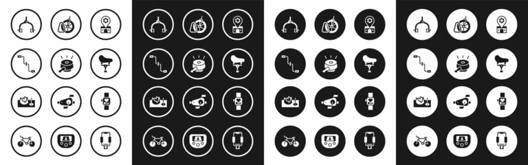 Set Bicycle repair service, bell, pedals, brake calipers, seat, parking, Smart watch and on street ramp icon. Vector
