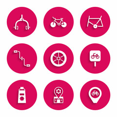 Set Bicycle wheel, repair service, Location with bicycle, parking, Sunscreen cream tube, pedals, frame and brake calipers icon. Vector