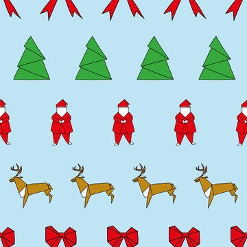 Vector Origami Christmas with Santa and rendeer seamless background pattern