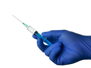 Medical disposable plastic syringe in hand on a white background. A hand in a blue glove holds a syringe, close-up, isolated. The concept of epidemic and pandemic prevention.