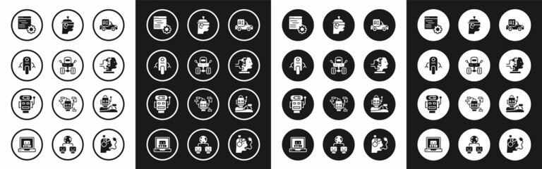 Set Autonomous smart car, Mars rover, Robot, Computer api interface, for maintenance, Smart glasses, humanoid driving and low battery charge icon. Vector