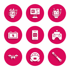 Set Turn off robot from phone, Robot vacuum cleaner, Screwdriver, Remote control, Drone, Battery, Broken and burned out icon. Vector