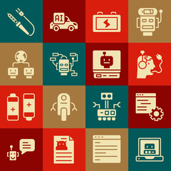 Set Creating robot, Computer api interface, Robot charging battery, Battery, Artificial intelligence, Soldering iron and icon. Vector