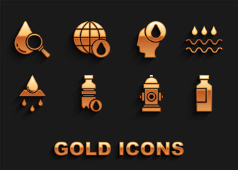 Set Bottle of water, Wave with drop, Fire hydrant, Recycle clean aqua, Water, Drop and magnifying glass and Earth planet icon. Vector