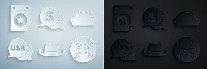 Set Western cowboy hat, Taco with tortilla, USA Independence day, Baseball ball, Coin money dollar and Calendar date July 4 icon. Vector