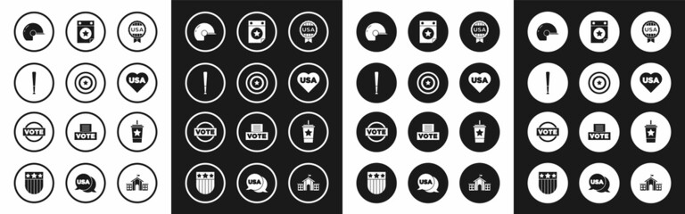 Set Medal with star, American shield, Baseball bat, helmet, USA Independence day, Calendar date July 4, Paper glass straw and Vote icon. Vector