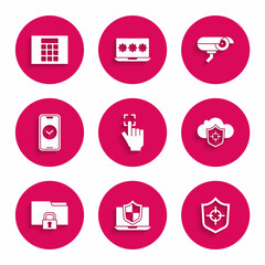 Set Fingerprint, Laptop protected with shield, Shield, Cloud and, Folder lock, Smartphone, Security camera and Password protection icon. Vector