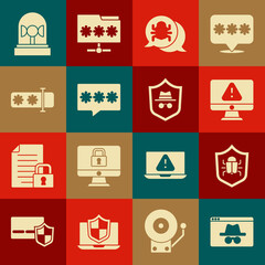 Set Browser incognito window, System bug, Monitor with exclamation mark, Password protection, Flasher siren and Incognito mode icon. Vector