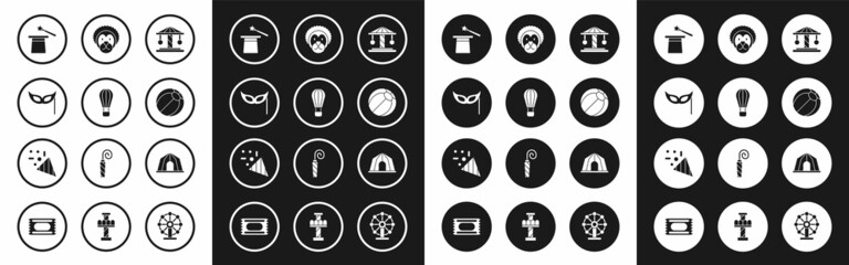 Set Attraction carousel, Hot air balloon, Festive mask, Magic hat and wand, Beach, Wild lion, Circus tent and confetti icon. Vector