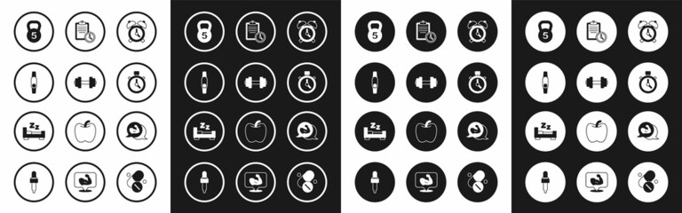 Set Alarm clock, Dumbbell, Smartwatch, Weight, Stopwatch, Sport training program, Bodybuilder muscle and Time sleep icon. Vector
