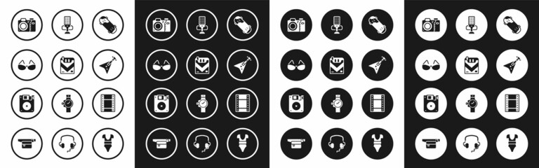 Set Skateboard trick, Cigarettes pack box, Glasses, Photo camera, Electric bass guitar, Microphone, Play Video and Floppy disk icon. Vector