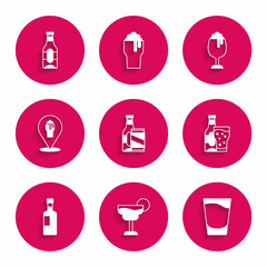 Set Beer bottle and beer can, Cocktail, Shot glass, Wine, Alcohol or bar location, Glass of and icon. Vector