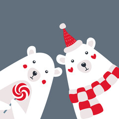  Two cute polar bears cartoon characters with scarf and hat. Vector animal flat illustration. 