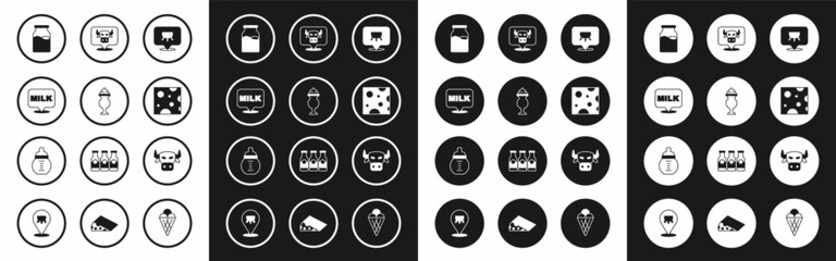 Set Udder, Milkshake, Lettering milk, Bottle with, Cheese, Cow head, and Baby bottle icon. Vector