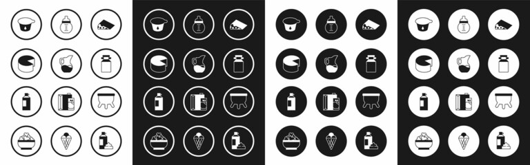 Set Cheese, Milk jug or pitcher, Yogurt container, Can for milk, Baby bottle, Udder and Whipped cream icon. Vector