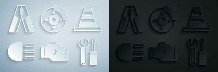 Set Check engine, Traffic cone, High beam, Screwdriver and wrench spanner, Car brake disk with caliper and battery jumper power cable icon. Vector