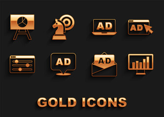 Set Advertising, Monitor with graph chart, Browser setting, Board and Chess icon. Vector