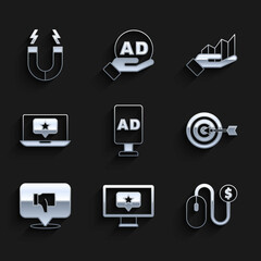 Set Advertising, Monitor with star, Target, Dislike speech bubble, Laptop, Pie chart infographic and Magnet icon. Vector