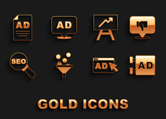 Set Lead management, Dislike in speech bubble, Advertising, SEO optimization, Board with graph chart, and icon. Vector