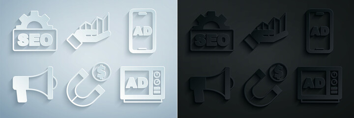 Set Magnet with money, Advertising, Megaphone, Pie chart infographic and SEO optimization icon. Vector