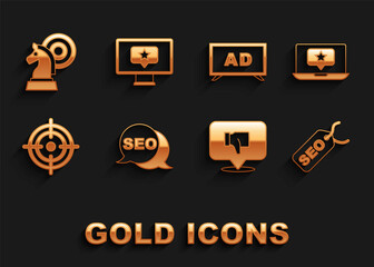 Set SEO optimization, Laptop with star, Dislike in speech bubble, Target, Advertising, Chess and Monitor icon. Vector