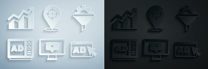 Set Monitor with star, Sales funnel gear, Advertising, Target and Financial growth increase icon. Vector