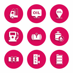 Set Gas tank for vehicle, filling station, Barrel oil, Propane gas, Metallic pipes and valve, Petrol, Refill petrol fuel location and icon. Vector