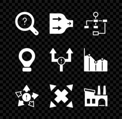 Set Unknown search, Arrow, Hierarchy organogram chart, Many ways directional arrow, Factory, Location and icon. Vector