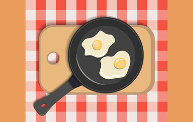 Fried eggs in a frying pan against the background of a table with a checkered tablecloth. Vector illustration.