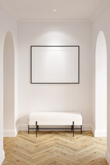 Bright classic hall with a blank illuminated horizontal poster above a white ottoman between two arches, parquet flooring, ceiling with recessed lights. Front view. 3d render