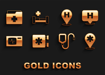 Set Emergency - Star of Life, Location hospital, IV bag, Monitor with cardiogram, Patient record and Hospital bed icon. Vector