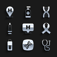 Set Location hospital, DNA symbol, Stethoscope, Awareness ribbon, Digital thermometer, Syringe, and icon. Vector