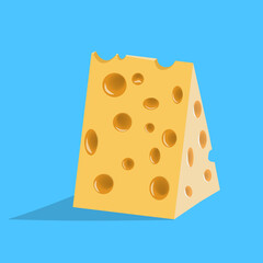 Piece of cheese with holes on a blue background. Vector illustration.