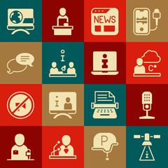 Set Satellite, Microphone, Weather forecast, News, Interview, Speech bubble chat, Breaking news and Information icon. Vector