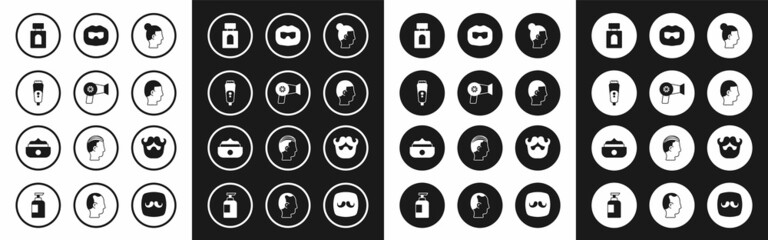 Set Hairstyle for men, dryer, Electric razor blade, Aftershave, Mustache and beard, and Gel wax hair styling icon. Vector
