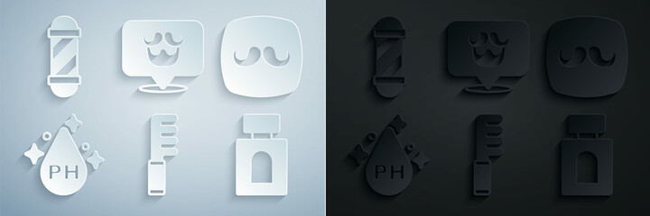 Set Hairbrush, Barbershop, Oil for hair care treatment, Aftershave, and Classic pole icon. Vector