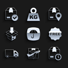 Set Delivery package with umbrella, Plane and cardboard box, Cardboard clock, rice tag Free, cargo truck, Carton, Location and check mark icon. Vector