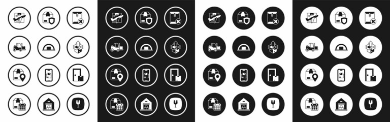 Set Delete envelope, Warehouse, Forklift truck, Plane and cardboard box, Unboxing, Delivery security with shield, Home delivery services and Location icon. Vector