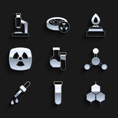 Set Test tube, Chemical formula, Molecule, Pipette, Radioactive, Alcohol spirit burner and Microscope icon. Vector