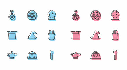 Set line Magic lamp or Aladdin, Circus tent, Unicycle one wheel bicycle, Bottle with love potion, Witch hat, Magician and rabbit ears, and Pentagram circle icon. Vector © Oksana