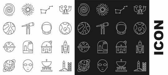 Set line Rocket launch from the spaceport, Space shuttle and rockets, Earth globe, Great Bear constellation, Telescope, Falling stars, Black hole and Astronaut helmet icon. Vector