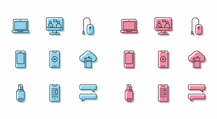Set line USB flash drive, Online book on mobile, Laptop, Speech bubble chat, play video, Cloud or online library, Mobile phone and education icon. Vector