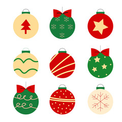 9 Different Vector Christmas Ornaments Set. Christmas balls isolated background. Set of Christmas decoration. 