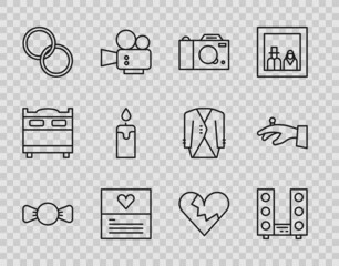 Set line Bow tie, Home stereo with two speakers, Photo camera, Greeting card, Wedding rings, Burning candle, Broken heart or divorce and on hand icon. Vector