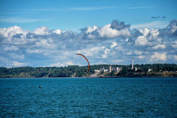 Person Kite Boarding on Foil Board on Bellingham Bay on a Windy Day