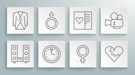 Set line Home stereo with two speakers, Male gender symbol, Clock, Female, Broken heart or divorce, Postcard, Cinema camera and Suit icon. Vector