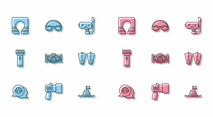 Set line Scallop sea shell, Flashlight, Life jacket, Floating buoy on the, Photo camera, Rubber flippers, and Glasses and cap icon. Vector